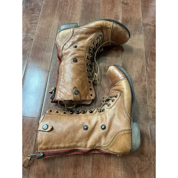 Steve Madden Camarro Ankle Boot Tan Leather Sz 7 Combat Boho Biker Victorian Y2K - Picture 2 of 13
